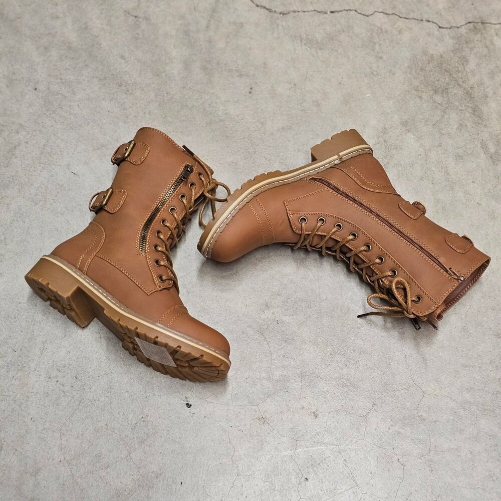 Womens Tan Lace-Up & Side-Zip Combat Boots With Adjustable Buckles Chunky Sole A - Picture 6 of 7